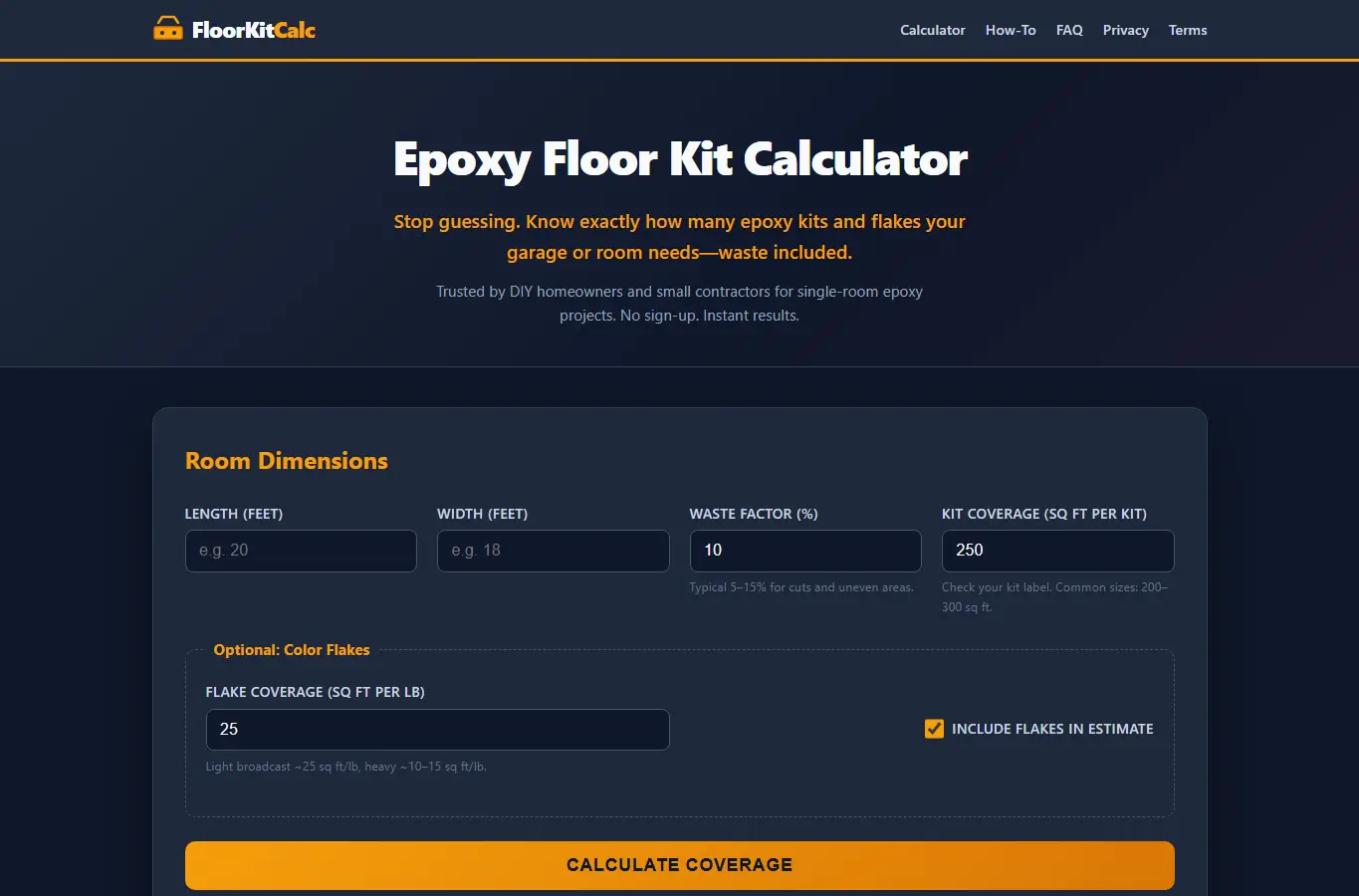Screenshot of Epoxy Floor Kit Calculator interface showing the project page in use
